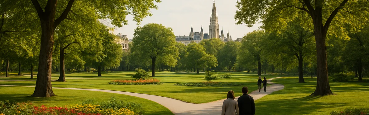 Generated image: a tranquil Vienna park opens across lawns, flowers, trees, and winding paths.